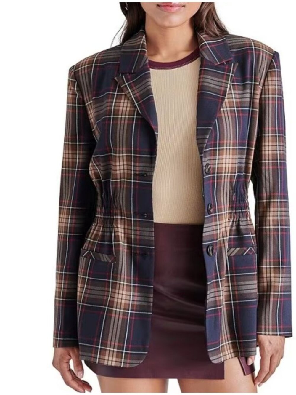 Steve Madden Frida Brown and Navy Plaid Cinched Waist Jacket Size XL NWT